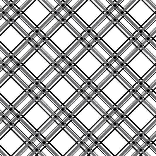 Diagonal Plaid in black and white (MAS8244-K) is part of the Kimberbell Basics line designed by Kim Christopherson for Maywood Studio. This fabric features black plaid stripes on the diagonal over a white background to add variety to your project. As part of the Kimberbell Basics line, it compliments other fabrics in the line.