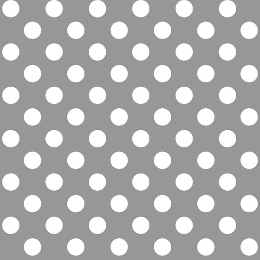 White on Gray Dots (MAS8216-K) is part of the Kimberbell Basics line designed by Kim Christopherson for Maywood Studio. This fabric features large white dots in a symmetrical pattern on an gray background.