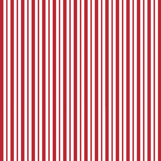 Mini Awning Stripe in red (MAS8249-R) is part of the Kimberbell Basics line designed by Kim Christopherson for Maywood Studio. This fabric features red stripes in two sizes on a white background, and adds a soft red texture to projects.