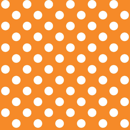 White on Orange Dots (MAS8216-O) is part of the Kimberbell Basics line designed by Kim Christopherson for Maywood Studio. This fabric features large white dots in a symmetrical pattern on an orange background.