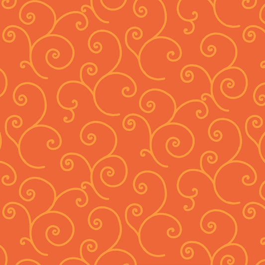 Scroll Orange on Orange (MAS8243-OO) is part of the Kimberbell Basics line designed by Kim Christopherson for Maywood Studio. This fabric features orange tone on tone scroll, adding a whimsical touch that isn't overpowering in projects.