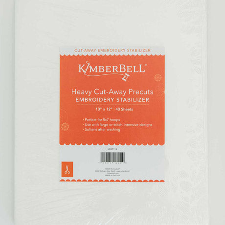 Heavy Cut-Away stabilizer by Kimberbell is color-coded in a dark orange to reflect it is for use with medium to heavy stitch count designs, medium weight knits or light denim, and works well with soft or crisp fabrics. The 40 count 10" x 12" sheets (KDST119) are pictured, but the stabilizer is also available in 12" x 10 yard and 20” x 10 yard rolls. Stitcher’s Joy