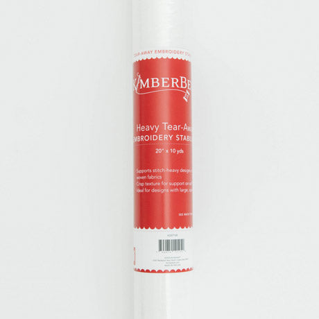 The Heavy Tear Away stabilizer by Kimberbell is color-coded in a dark red to reflect that this tear away will tear away neatly and cleanly with high stitch count designs. The 20" x 10 yard size is pictured, but the stabilizer is also available in 12" x 10 yard rolls and 40 count 10" x 12" sheets. A coordinating slap band in dark red to keep the stabilizers organized and identifiable is also available.