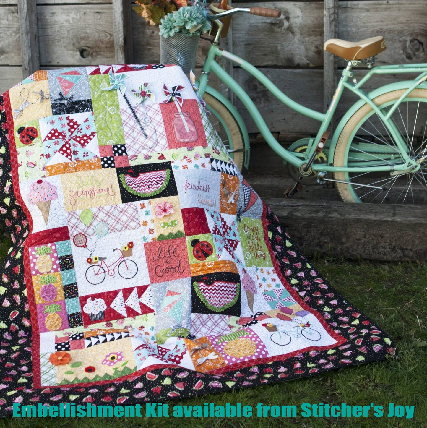 All the fun in the sun details needed for making the Hello Sunshine quilt from Kimberbell. Say Hello Sunshine! Hello bicycle days! Hello pinwheels and pineapple! Hello to your favorite new quilt! This kit includes all the extras you need to make dimensional embellishments like chenille, fringe and felt flowers, even pinwheels and Mylar balloons.