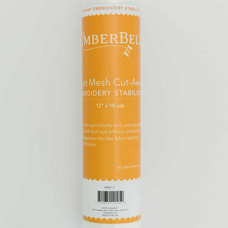 The Light Mesh Cut Away stabilizer by Kimberbell is color-coded in a yellow to reflect this is a light weight cut away for stitching dense designs on wovens, knits, stretchy fabrics, and other projects needing permanent reinforcement. The 12" x 10 yard size (KDST111) is pictured, but the stabilizer is also available in 20” x 10 yard rolls and 40 count 10" x 12" sheets.