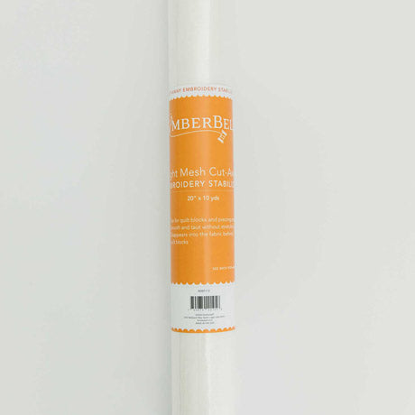 The Light Mesh Cut Away stabilizer by Kimberbell is color-coded in a yellow to reflect this is a light weight cut away for stitching dense designs on wovens, knits, stretchy fabrics, and other projects needing permanent reinforcement. The 20” x 10 yard size (KDST112) is pictured, but the stabilizer is also available in 12" x 10 yard rolls and 40 count 10" x 12" sheets.