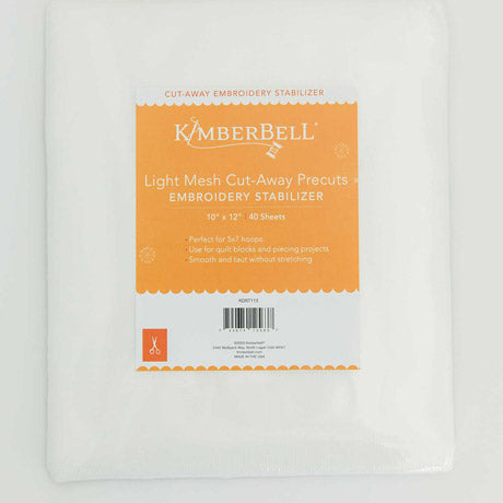 The Light Mesh Cut Away stabilizer by Kimberbell is color-coded in a yellow to reflect this is a light weight cut away for stitching dense designs on wovens, knits, stretchy fabrics, and other projects needing permanent reinforcement. The 40 count 10" x 12" sheets (KDST113) are pictured, but the stabilizer is also available in 12" x 10 yard and 20” x 10 yard rolls.