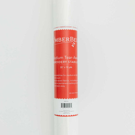 The Medium Tear Away stabilizer by Kimberbell is color-coded in a red to reflect that this tear away will tear away neatly and cleanly with medium to high stitch count designs. The 20" x 10 yard size is pictured, but the stabilizer is also available in 12" x 10 yard rolls and 40 count 10" x 12" sheets. A coordinating slap band in red to keep the stabilizers organized and identifiable is also available.
