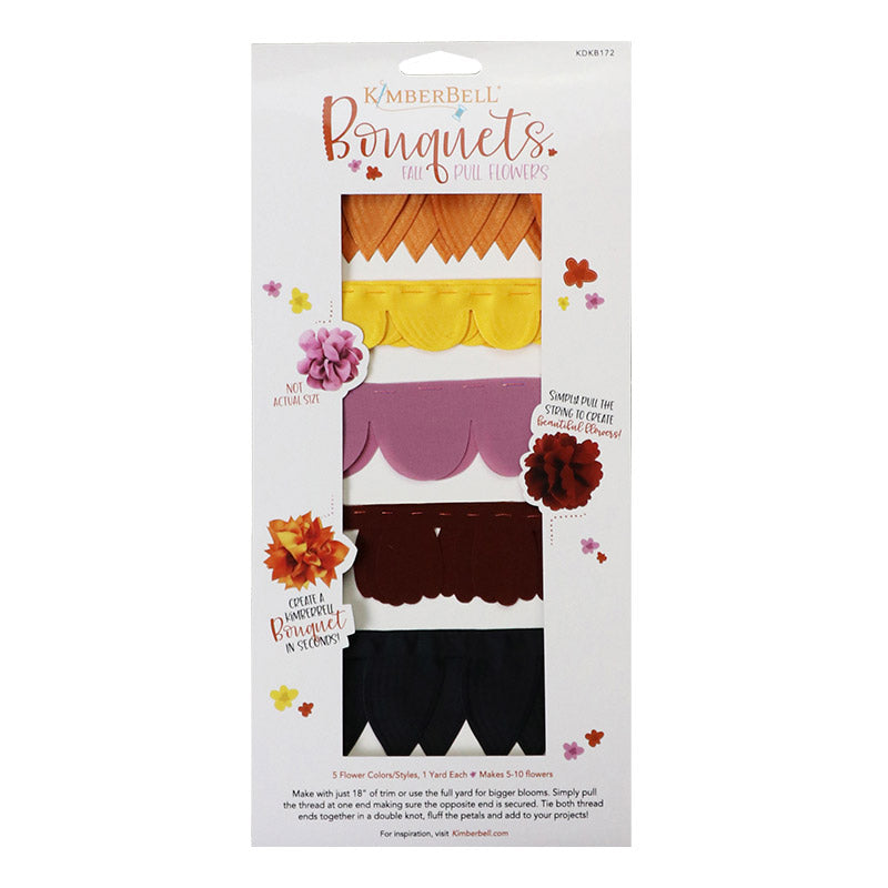 Create a Fall Kimberbell Bouquet in seconds with Kimberbell Pull Flowers (KDKB172)! Simply pull the string, and the scalloped ribbon quickly blossoms into a beautiful flower! Each package includes a 1 yard piece of 5 flower styles in fall colors, and will make 5-10 flowers, depending on fullness of the blooms.