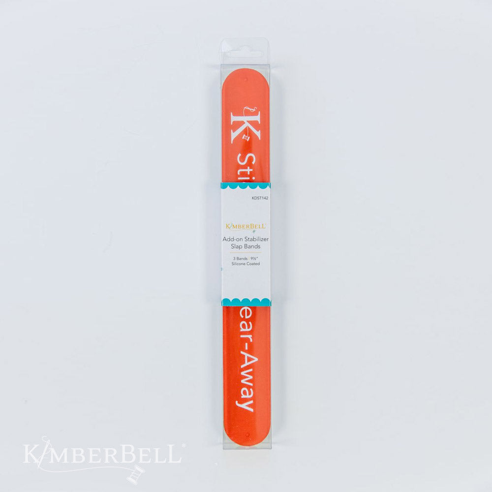 Stabilizer Slap Bands Add-On Set of 3 bands by Kimberbell (KDST142) is an add-on to those who purchased the original set of 13 stabilizers. The image shows the 3 bands in their package.