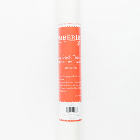 The Sticky Back Tear Away stabilizer by Kimberbell is color-coded in a light red to reflect this is a medium weight tear away with light adhesive coating for use on hard to hoop items or with tightly woven, non-stretchable and slippery fabrics. The 20” x 5 yard size is pictured, but the stabilizer is also available in 12" x 10 yard rolls and 40 count 10" x 12" sheets.