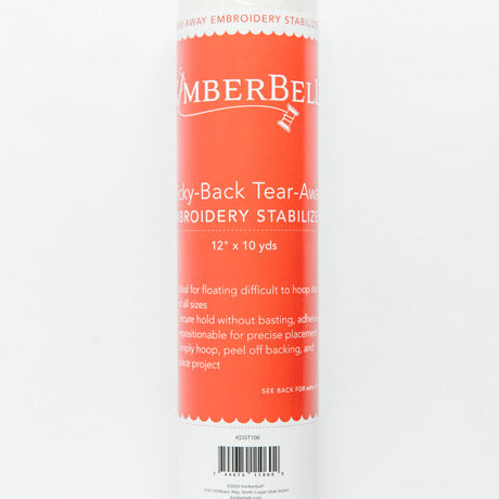 The Sticky Back Tear Away stabilizer by Kimberbell is color-coded in a light red to reflect this is a medium weight tear away with light adhesive coating for use on hard to hoop items or with tightly woven, non-stretchable and slippery fabrics. The 12" x 10 yard size is pictured, but the stabilizer is also available in 20” x 5 yard rolls and 40 count 10" x 12" sheets.