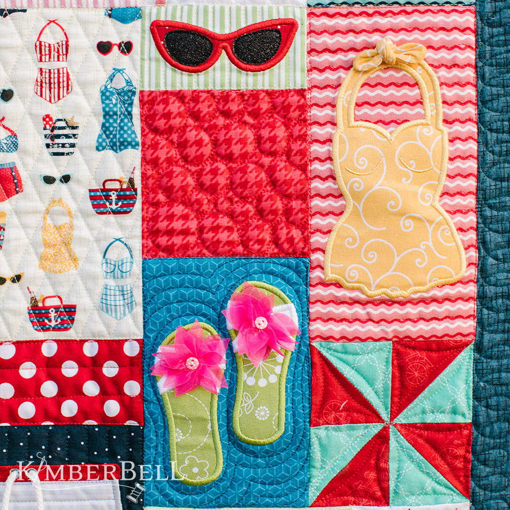 Take a leisurely stroll along a Vintage Boardwalk (KD807) with Kimberbell. This feature quilt is over 32 blocks of seaside resorts of classic cars, tandem bikes, ‘50s-style bathing suits and more. This photo features the quilt details, including chenille flip flips and glitter sunglasses.