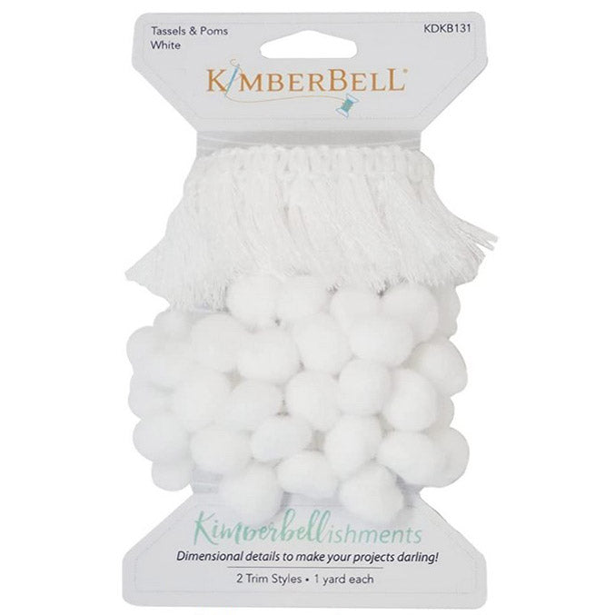 Tassel and Pom trim by Kimberbell in white (KDKB131) makes addind dimensional details to your project easy for a darling finish. Also available in Red and Black trims, each package contains 1 yard of each trim.