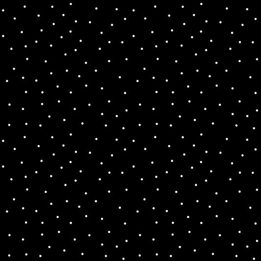 Tiny Dots is part of the Kimberbell Basics line designed by Kim Christopherson for Maywood Studio. This fabric features tiny white dots on a black background in a random pattern. It is perfect as a background for adding a little bit of color without detracting from any object appliqued, embroidered, or pieced along with it.
