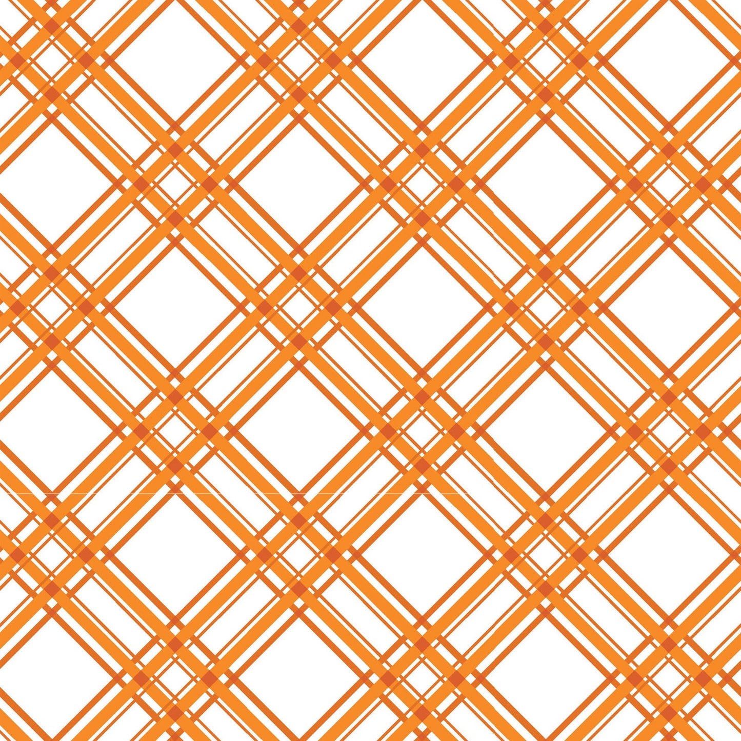 Diagonal Plaid in orange and white is part of the Kimberbell Basics line designed by Kim Christopherson for Maywood Studio. This fabric features orange stripes on the diagonal over a white background to add variety to your project. As part of the Kimberbell Basics line, it compliments other fabrics in the line.