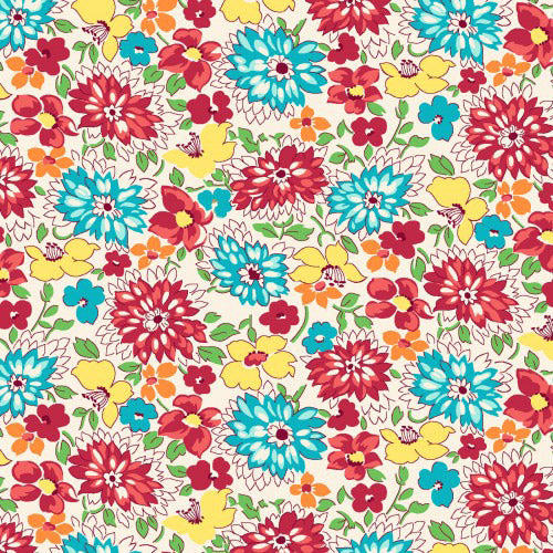 Wildflowers in Red and Aqua (9296-81) from the Nana Mae IV line by Henry Glass is a an allover floral print in red, aqua, orange, and yellow that is reminiscent of a large 40's reproduction fabric.