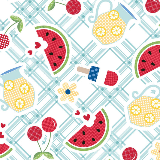 Picnic Table with Blue stripes is a picnic stripe in light blue with icons of summer like watermelon, cherries, lemonade, and popsicles in a multi-directional layout so it can be used as a non-directional fabric. The fabric is from the Red, White & Bloom collection by Kim Christopherson of Kimberbell for Maywood Studio and features everything to love about summer.