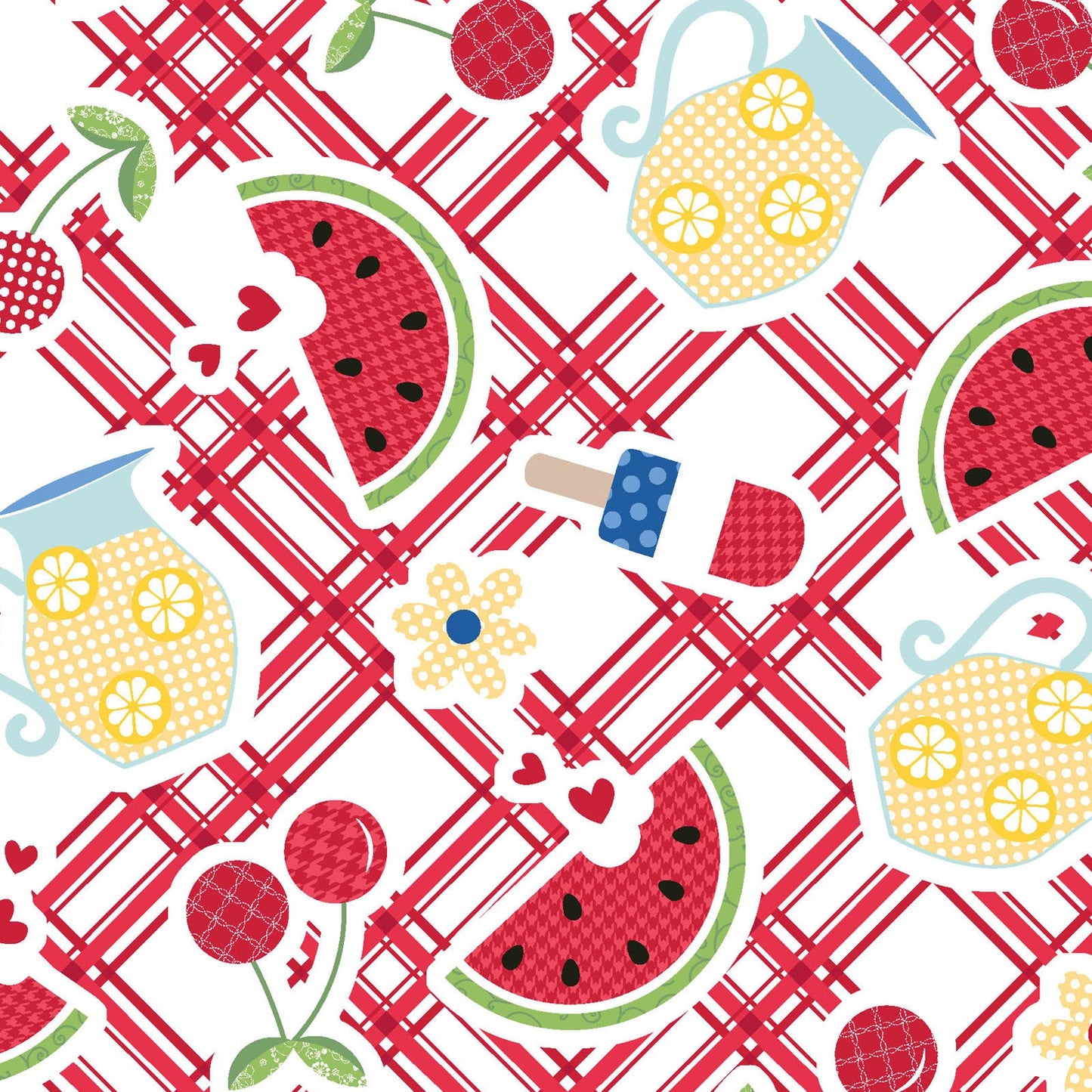 Picnic Table with Red stripes is a picnic stripe in red with icons of summer like watermelon, cherries, lemonade, and popsicles in a multi-directional layout so it can be used as a non-directional fabric. The fabric is from the Red, White & Bloom collection by Kim Christopherson of Kimberbell for Maywood Studio and features everything to love about summer.