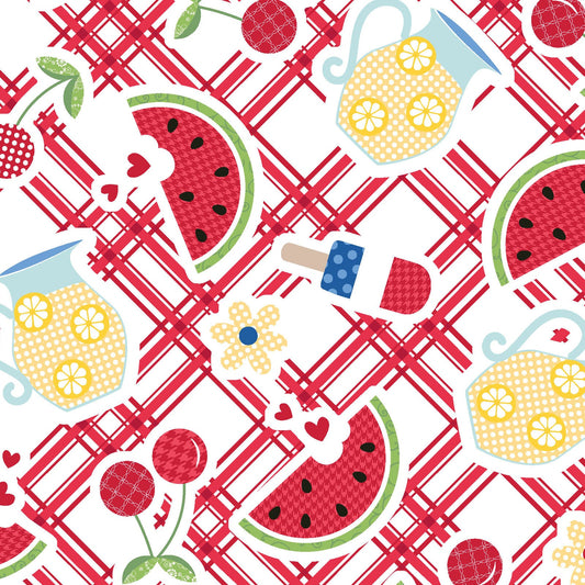 Picnic Table with Red stripes is a picnic stripe in red with icons of summer like watermelon, cherries, lemonade, and popsicles in a multi-directional layout so it can be used as a non-directional fabric. The fabric is from the Red, White & Bloom collection by Kim Christopherson of Kimberbell for Maywood Studio and features everything to love about summer.