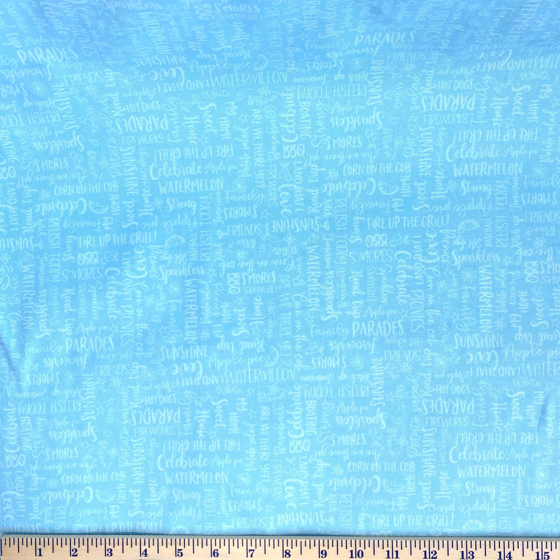 Wordy Words on Blue is a blue tone on tone pattern featuring words like summer, watermelon, family, and baseball in a multi-directional layout so it can be used as a non-directional fabric. The fabric is from the Red, White & Bloom collection by Kim Christopherson of Kimberbell for Maywood Studio and features words of everything to love about summer. Whether gearing up for a bbq after the big parade or simply sipping lemonade in the summer sun at a baseball game, this fabric has you covered.