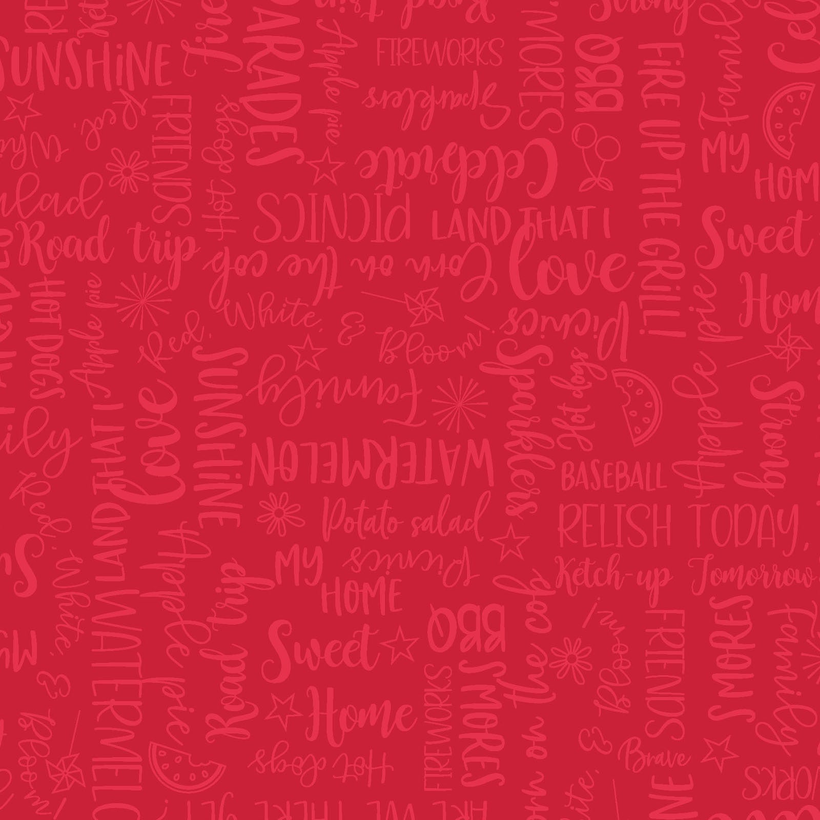 Wordy Words on Red is a red tone on tone pattern featuring words like summer, watermelon, family, and baseball in a multi-directional layout so it can be used as a non-directional fabric. The fabric is from the Red, White & Bloom collection by Kim Christopherson of Kimberbell for Maywood Studio and features words of everything to love about summer.
