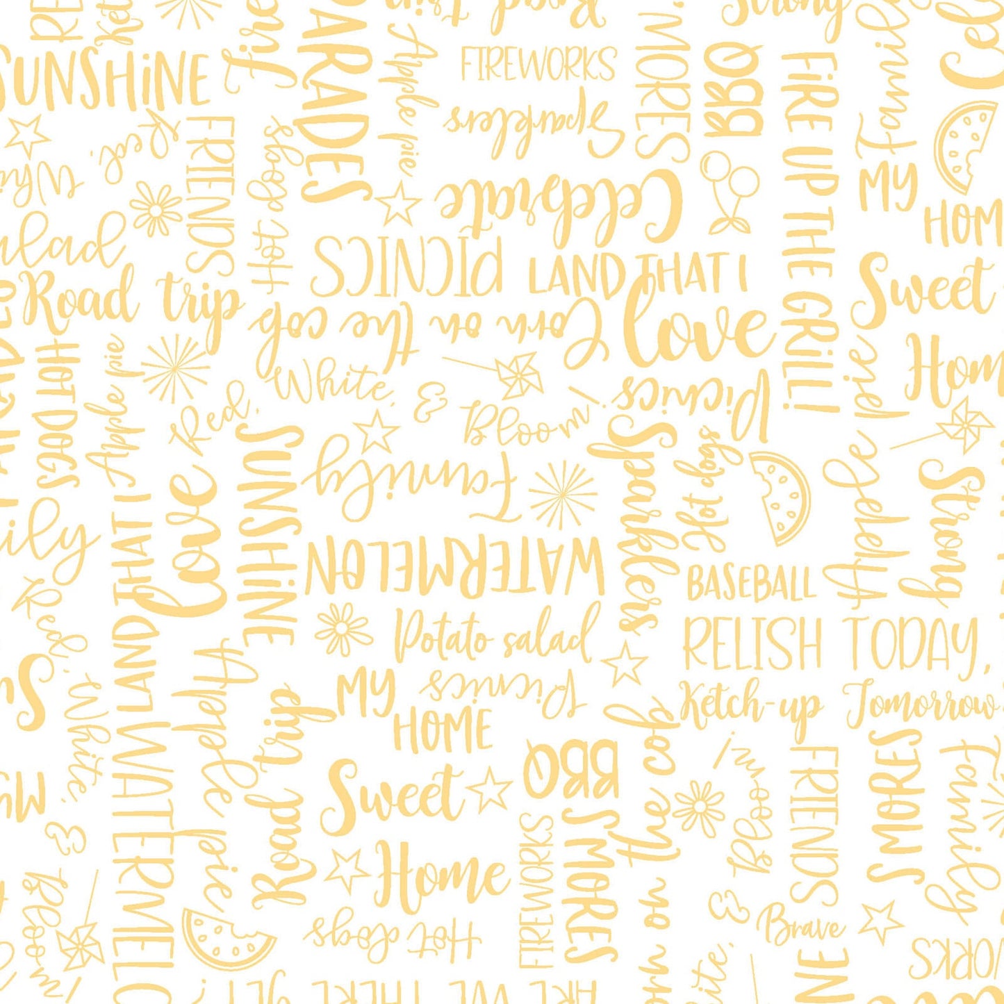 Wordy Words Yellow on White is a light yellow on a white background featuring words like summer, watermelon, family, and baseball in a multi-directional layout so it can be used as a non-directional fabric. The fabric is from the Red, White & Bloom collection by Kim Christopherson of Kimberbell for Maywood Studio and features words of everything to love about summer.