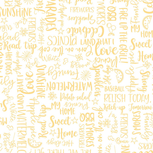 Wordy Words Yellow on White is a light yellow on a white background featuring words like summer, watermelon, family, and baseball in a multi-directional layout so it can be used as a non-directional fabric. The fabric is from the Red, White & Bloom collection by Kim Christopherson of Kimberbell for Maywood Studio and features words of everything to love about summer.