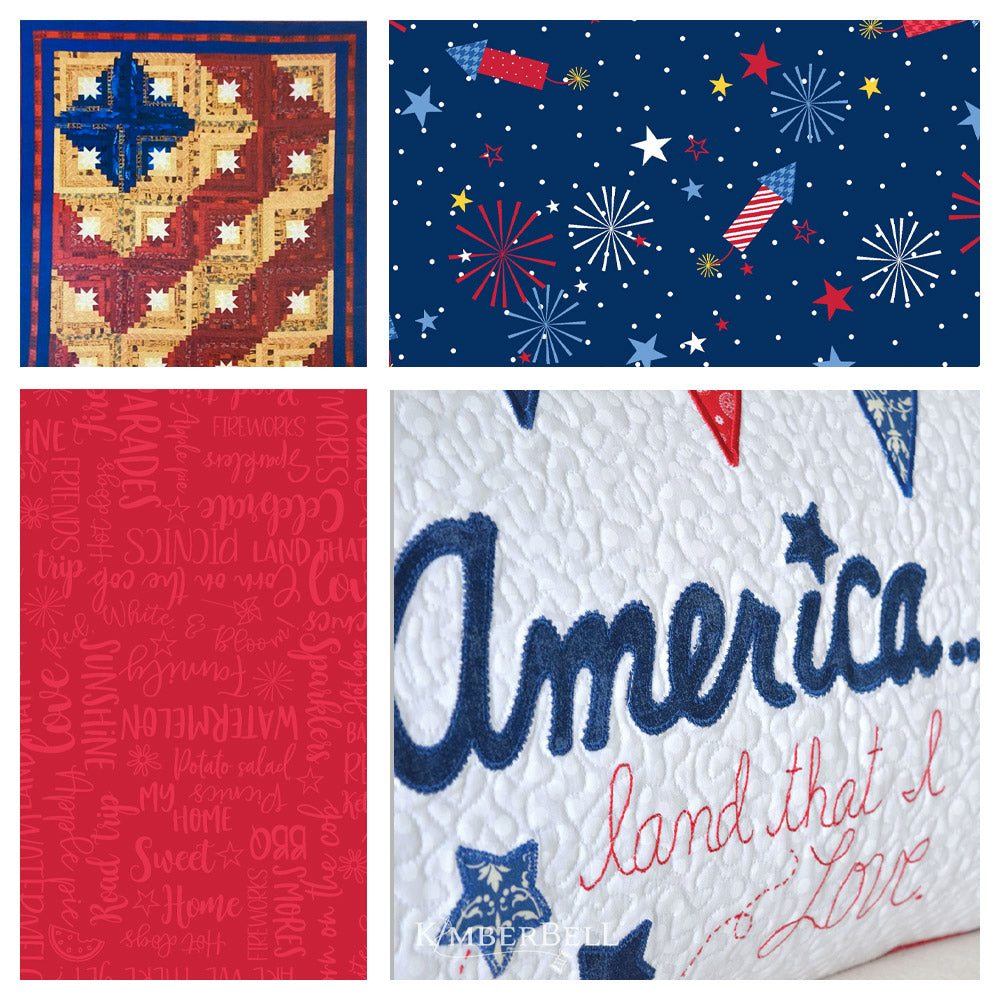 America...Land that I Love! Patriotic Category banner featuring the cover of the Log Cabin Americana quilt pattern, Wordy Words on Red and Fireworks in Navy from the Red, White & Bloom Fabric line, and Kimberbell's America Bench Pillow.