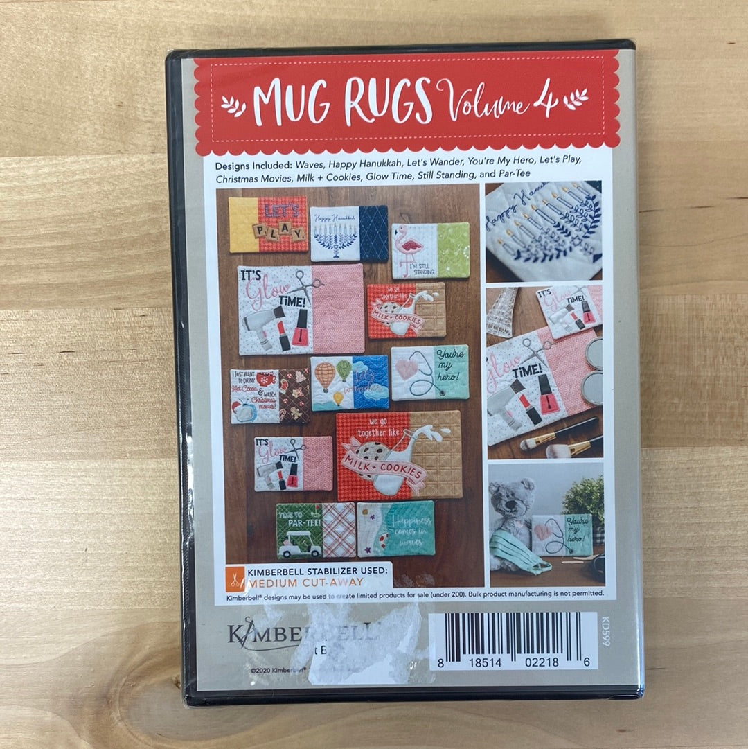 The perfect way to express yourself! Make a statement with these popular mug rugs made in the hoop with your embroidery machine from Mug Rugs Volume 4 (KD599) by Kimberbell. Photo shows the back of the package and design examples.