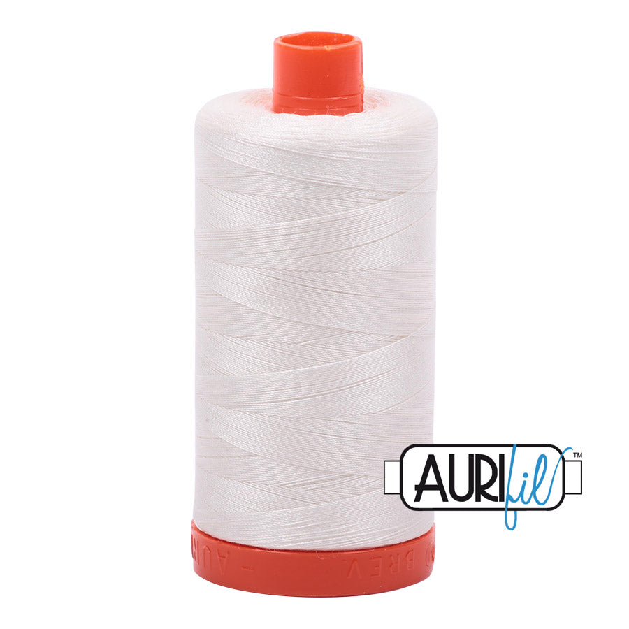 Aurifil 50 wt. cotton thread offers versatility, strength, and radiant color with very little lint on each 1,422 yard large spool.