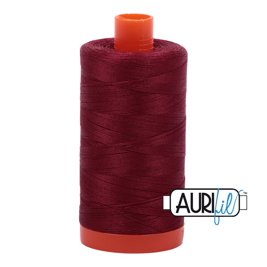 Aurifil 50 wt. cotton thread offers versatility, strength, and radiant color with very little lint on each 1,422 yard large spool.