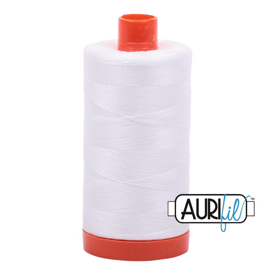 Aurifil 50 wt. cotton thread offers versatility, strength, and radiant color with very little lint on each 1,422 yard large spool.