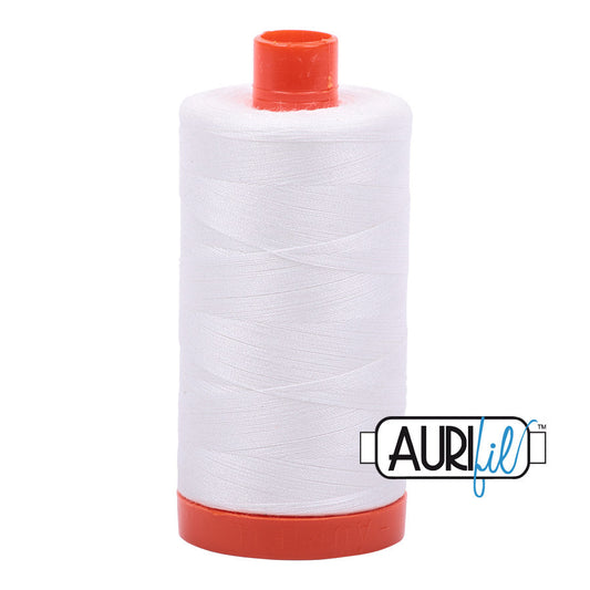 Aurifil 50 wt. cotton thread offers versatility, strength, and radiant color with very little lint on each 1,422 yard large spool.