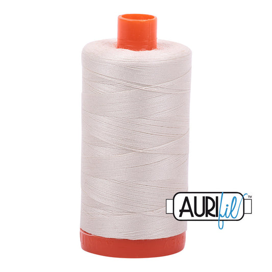Aurifil 50 wt. cotton thread offers versatility, strength, and radiant color with very little lint on each 1,422 yard large spool.
