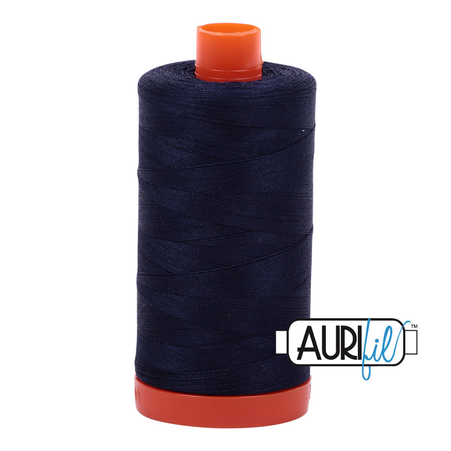 Aurifil 50 wt. cotton thread offers versatility, strength, and radiant color with very little lint on each 1,422 yard large spool.