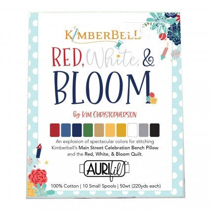 Kimberbell Red, White & Bloom thread set front packaging with colorful design elements from Main Street.Celebration Bench Pillow and Red, White, & Bloom Quilt. 