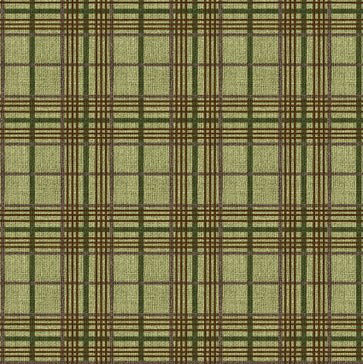 Snuggle up in the warmth and comfort of this cozy Burlap Plaid in Sea Grass Green by Painted Sky Studio for Benartex. Photo showsa swatch of the unique burlap looking texture in green and brown.
