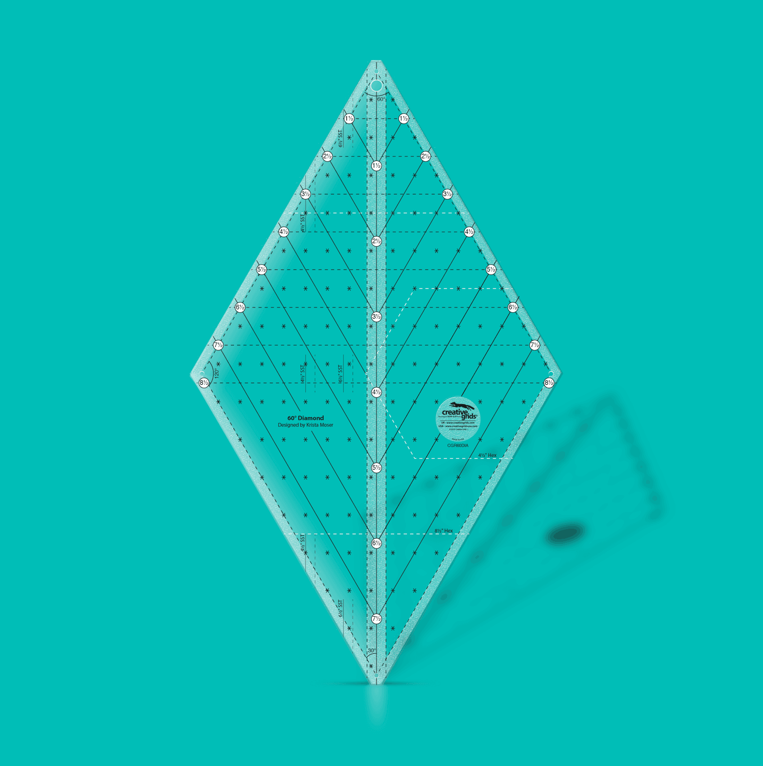 Creative Grids 60-degree diamond ruler on a teal background