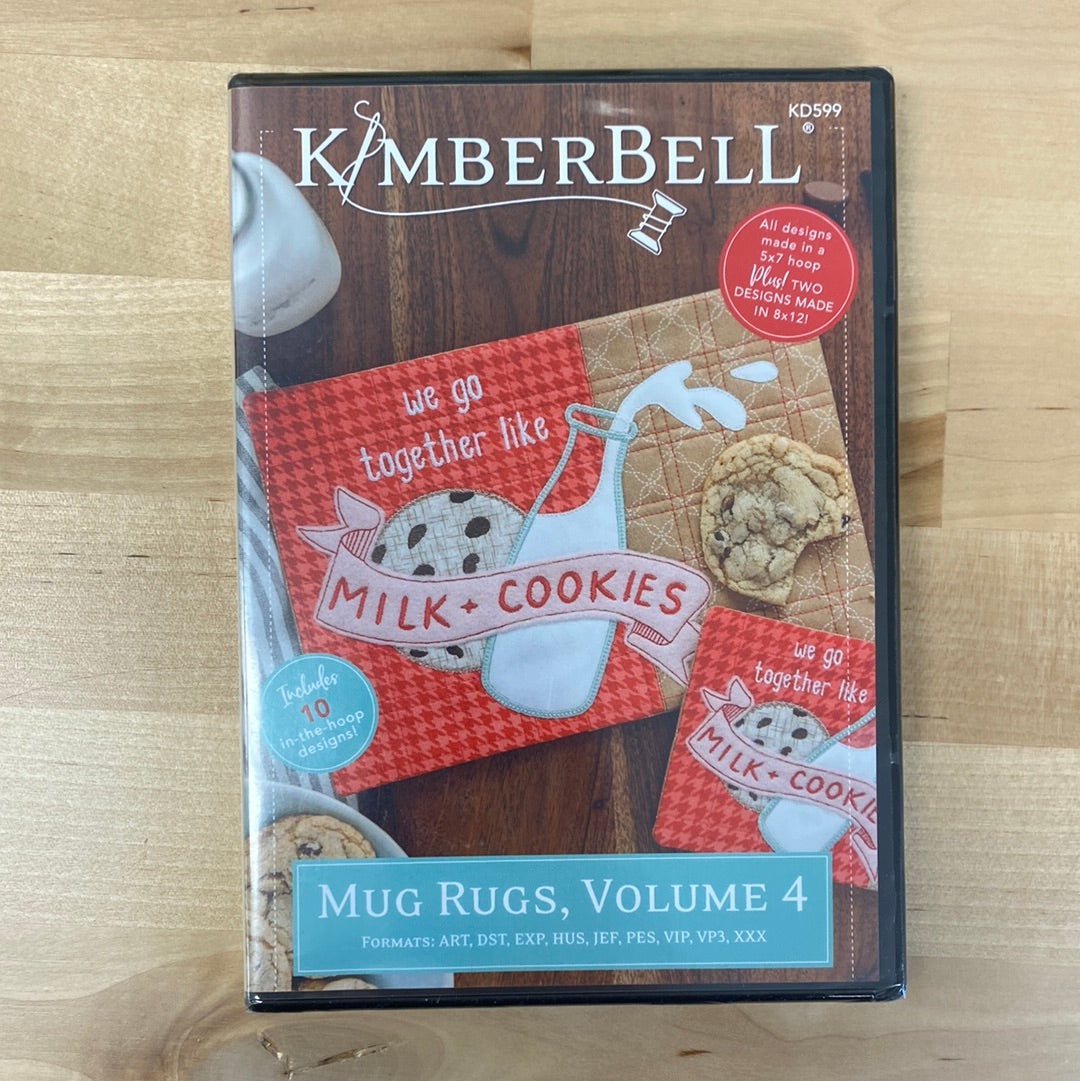 The perfect way to express yourself! Make a statement with these popular mug rugs made in the hoop with your embroidery machine from Mug Rugs Volume 4 (KD599) by Kimberbell. Photo shows the front of the disk cover.