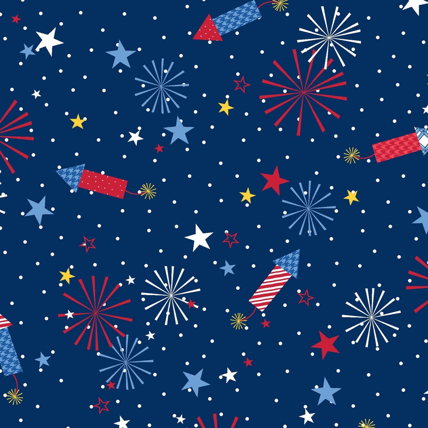 Fireworks on Navy Blue features rockets, fireworks and stars on a background of navy blue. It has a multi-directional layout so it can be used as a non-directional fabric. The fabric is from the Red, White & Bloom collection by Kim Christopherson of Kimberbell for Maywood Studio and features everything to love about summer.