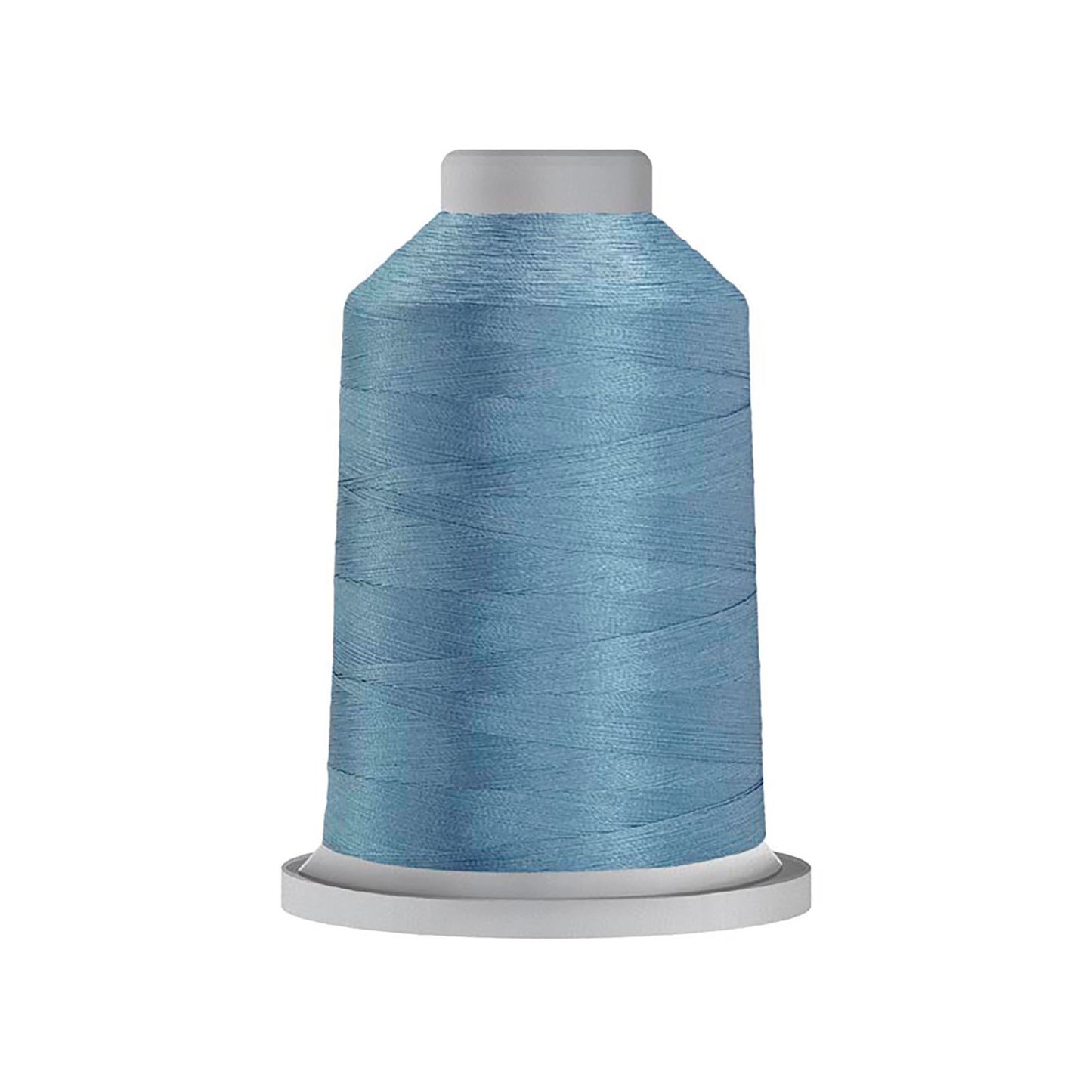 A single cone spool of light blue sewing thread on a white background.