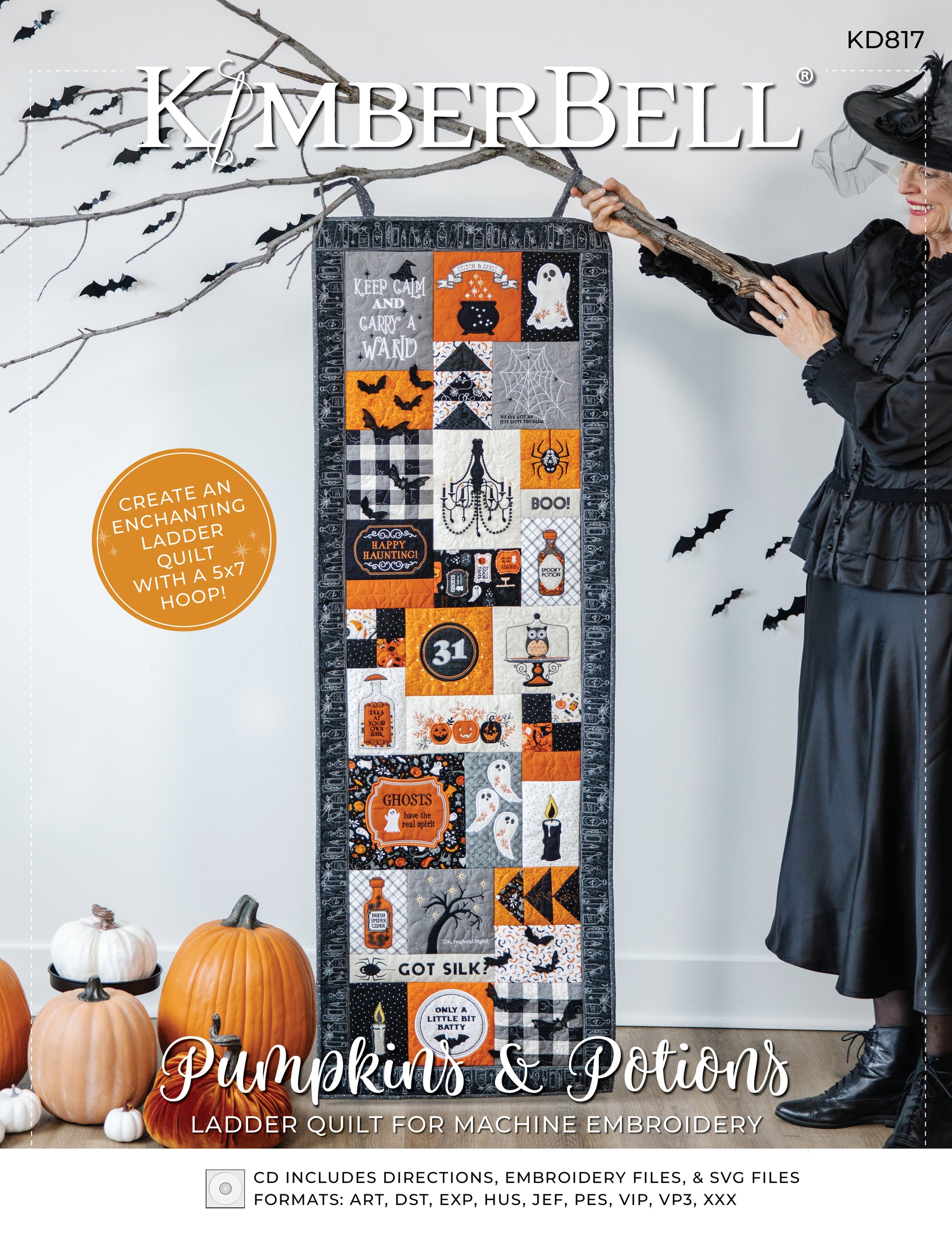 Come and stitch a spell with Kimberbell's Pumpkin &amp; Potions Ladder Quilt for machine embroidery (KD817). The enchanting 20 x 60" quilt features everything you love about Halloween, including ghosts, bats, spiders, and more. Photo features the front cover with a finished quilt.