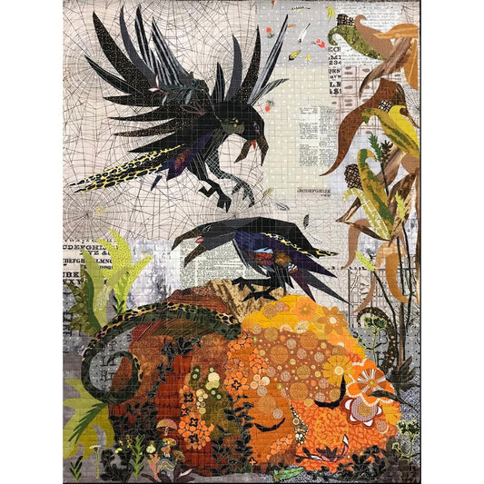 Capture fall's beauty with Laura Heine's striking Jack Pumpkin Collage Pattern (FWLHJACK). This unique collage quilting piece features black crows, corn stalk, and a pumpkin ready to inspire your next artful adventure. The photo shows the finished piece.