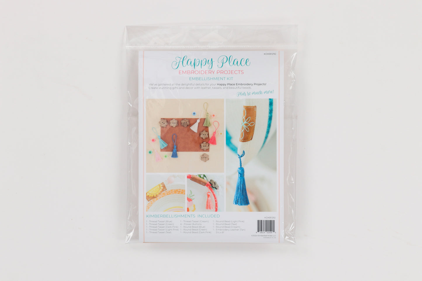 With the Happy Place Embroidery Projects Embellishment Kit (KDKB1292), create stunning gifts and decor with leather, tassels, and beautiful beads! Photo shows the back of the package.