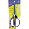 Perfect Scissors by Karen Kay Buckley in the Large (KKB001) size has a soft, purple grip and wide open handles with a 7 1/2” micro-serrated cutting blade and protective plastic cover. Photo shows the scissors in the packaging.