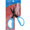 Perfect Scissors by Karen Kay Buckley in the Medium (KKB004) size has a soft, blue grip and wide open handles with a 6” micro-serrated cutting blade and protective plastic cover. Photo shows the scissors in the packaging.