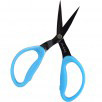 Perfect Scissors by Karen Kay Buckley in the Medium (KKB004) size has a soft, blue grip and wide open handles with a 6” micro-serrated cutting blade and protective plastic cover. Photo shows the open pair of scissors.