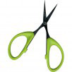 Perfect Scissors by Karen Kay Buckley in the Small (KKB002) size has a soft, green grip and wide open handles with a 4” micro-serrated cutting blade and protective plastic cover. Photo shows the open pair of scissors.