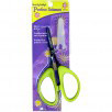 Perfect Scissors by Karen Kay Buckley in the Small (KKB002) size has a soft, green grip and wide open handles with a 4” micro-serrated cutting blade and protective plastic cover. Photo shows the scissors in the packaging.